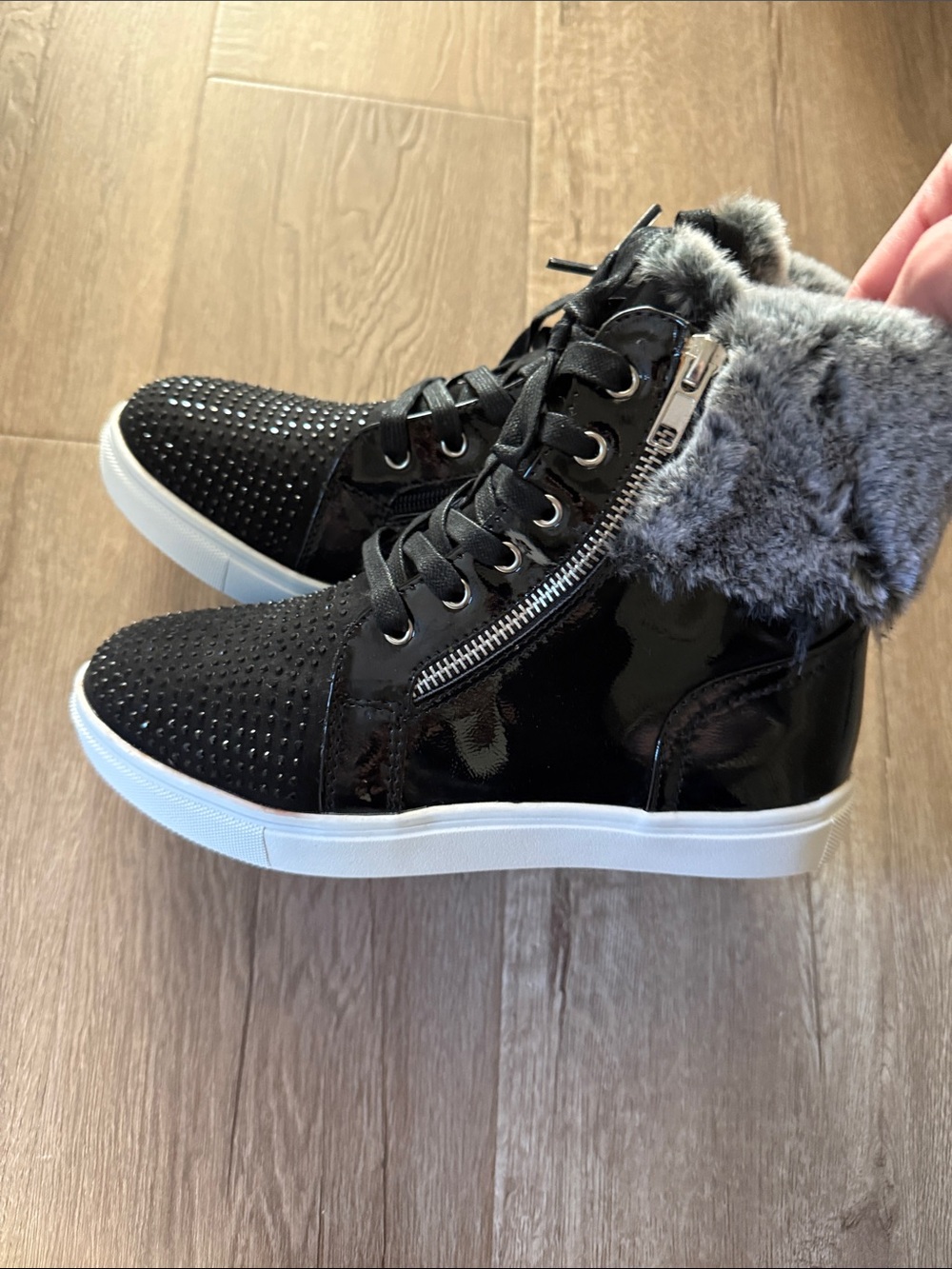 DV by Dolce Vita Black Lace-Up Faux Fur High-Top Boots with Stud Accents